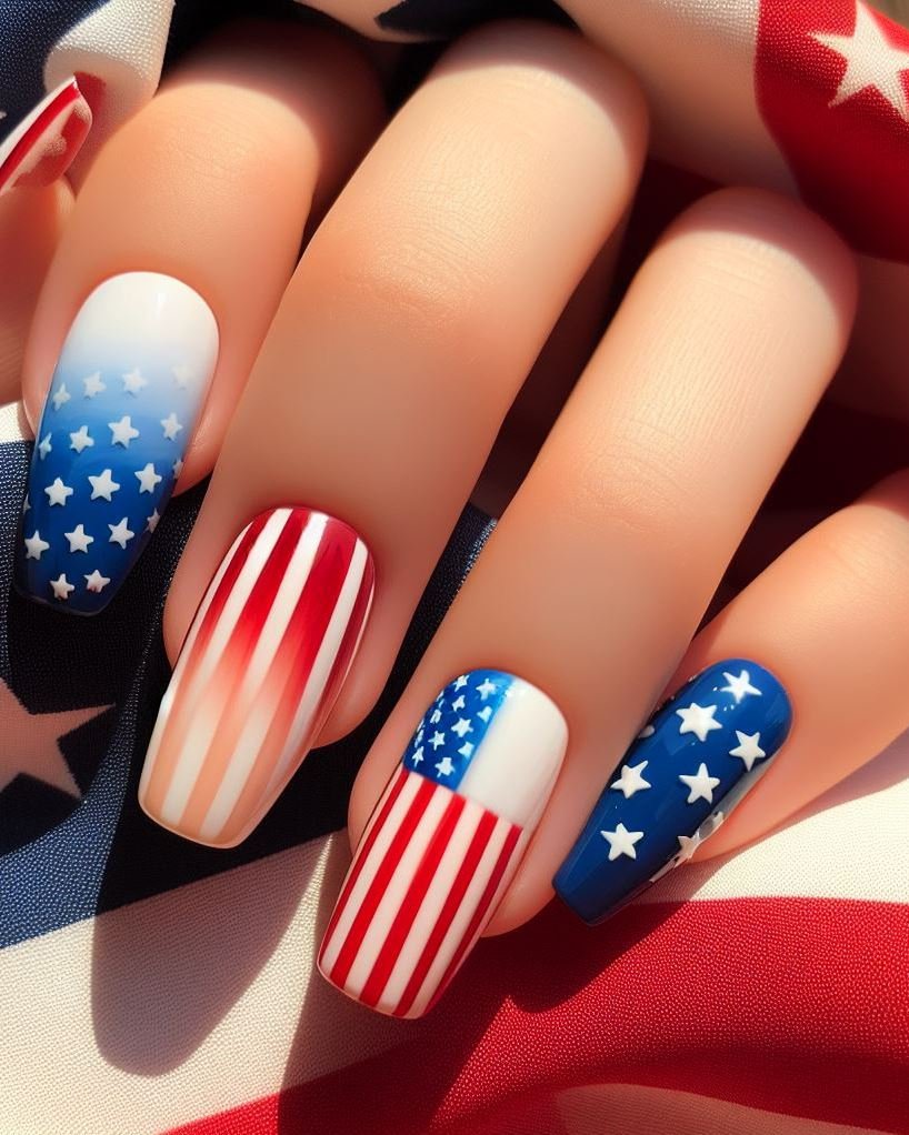 Waving Flag for the Parade: Recreate the American flag on your nails! Paint alternating red and white stripes on your nails using striping tape, perfect for showing your patriotism during a 4th of July parade.