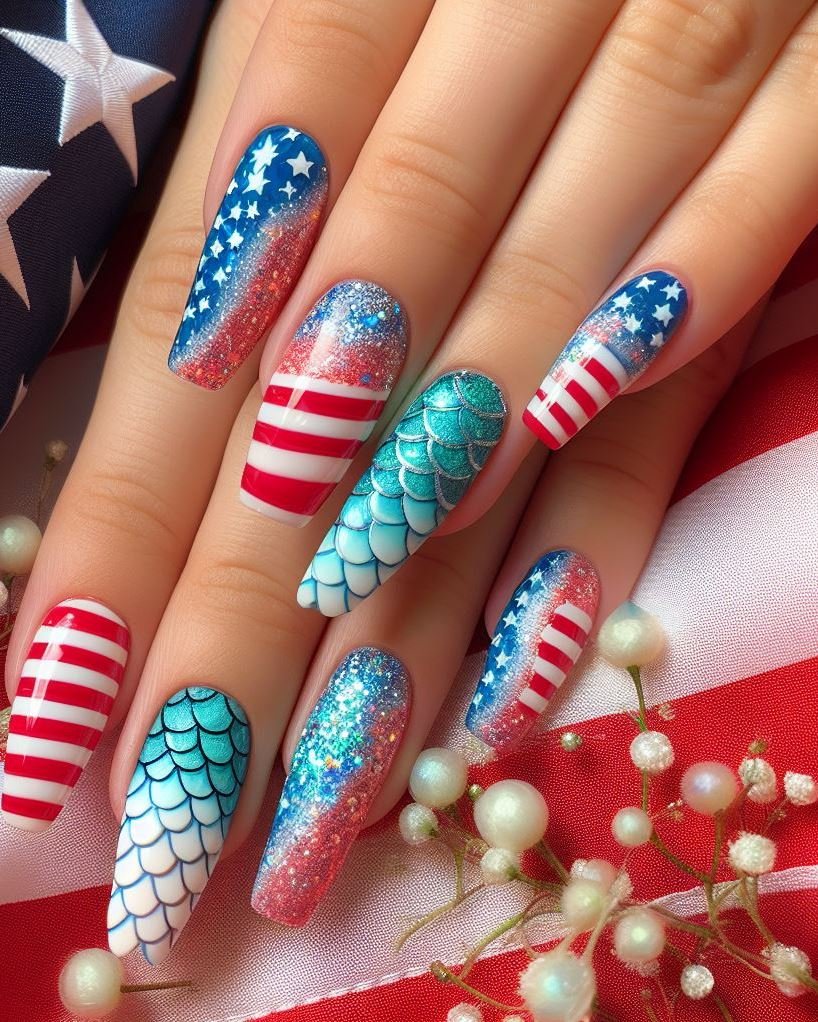 Starry Night Sky: Paint your nails navy blue and use a dotting tool to create tiny white stars. Add a silver accent nail with a single, larger glitter star.