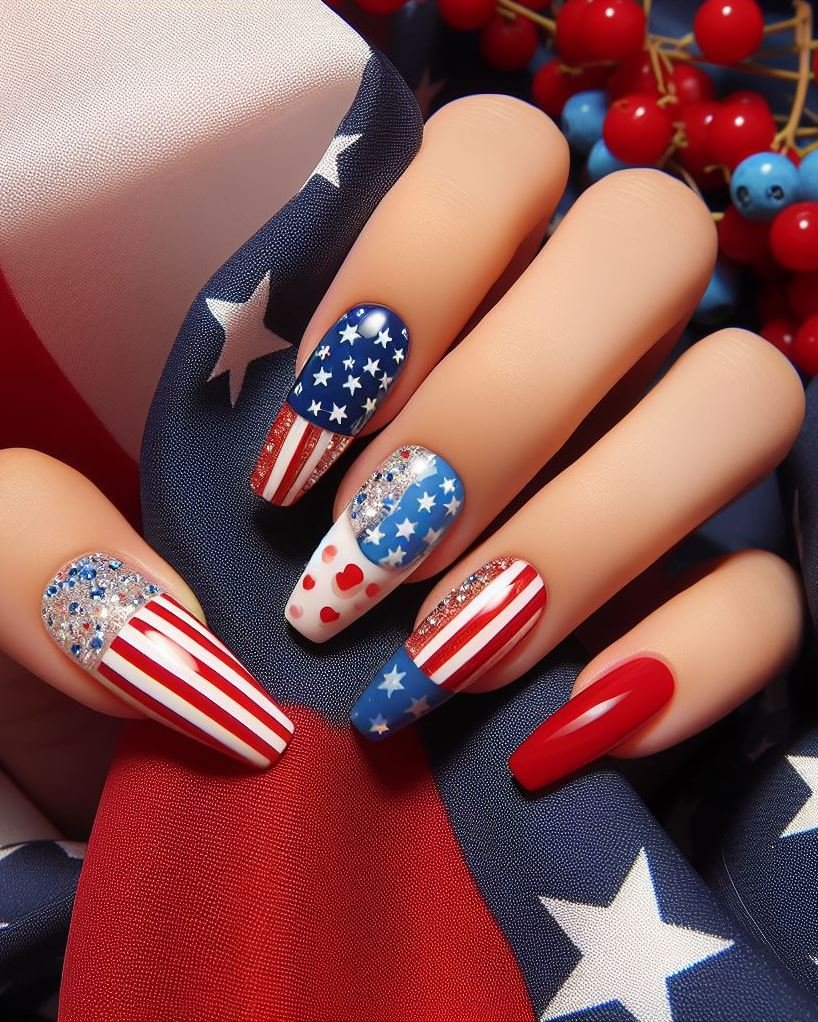 Patriotic Flames: Paint your nails red at the base and transition to a white tip using an airbrush or makeup sponge for a blended flame effect. Finish with a thin blue line near the cuticle.