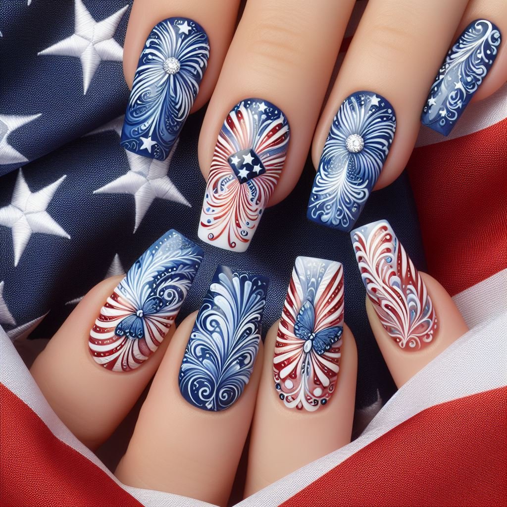 Firecracker Frenzy: Paint your nails white and use a dotting tool to create tiny red, blue, and white firecracker shapes at the tips. Add a touch of glitter for extra sparkle.