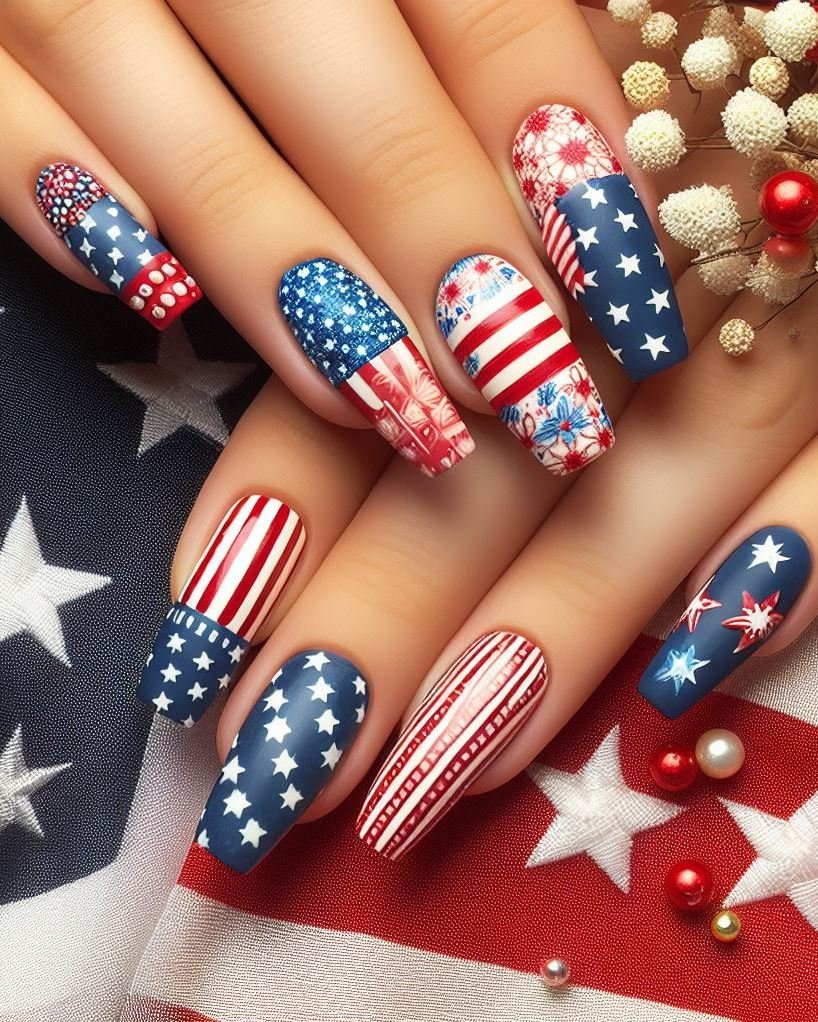 Starry Night Sky for Sparkler Nights: Paint your nails a deep navy blue and use a dotting tool to create tiny white stars. Add a silver accent nail with a single, larger glitter star, ideal for a night spent lighting sparklers and enjoying the 4th of July festivities.