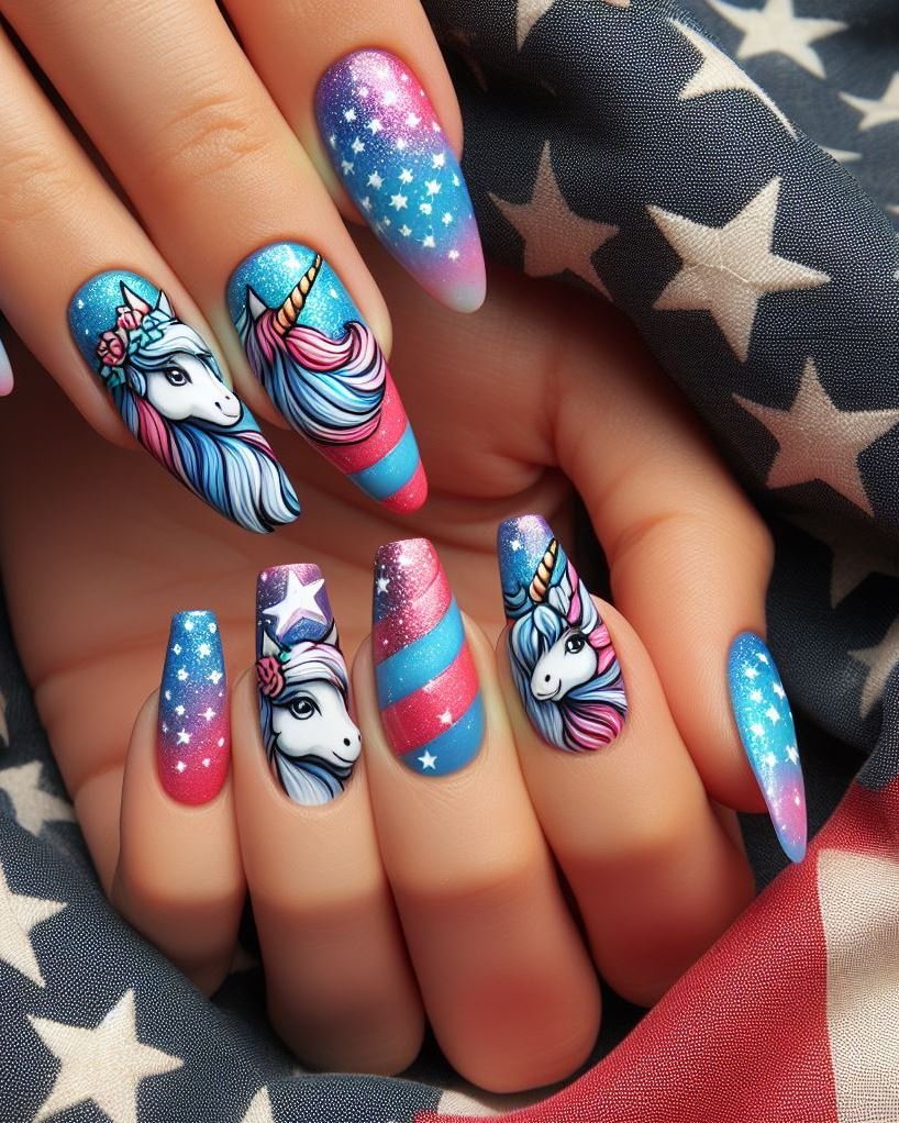 Fireworks & Friendship: Paint two playful unicorns, one red and one blue, frolicking amidst colorful fireworks on your accent nail. Keep the rest of your nails white for a sweet and festive look.