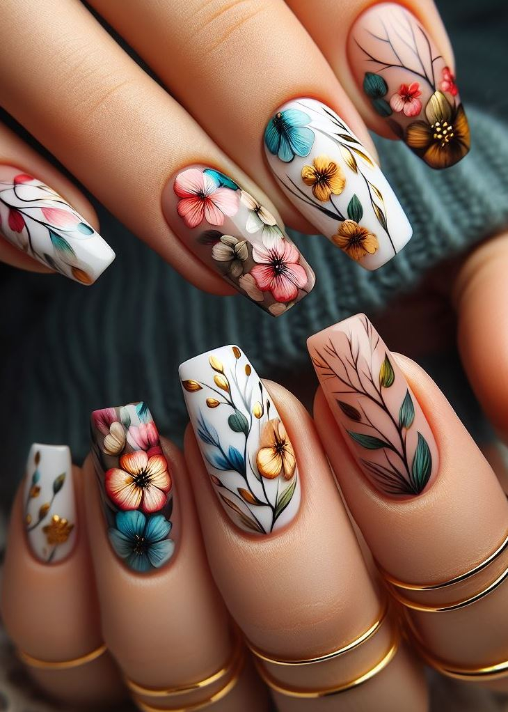 Abstract Nail Art: It's Not Just Random Splotches (We Promise!) | Pocoko Floral Fusion: Imagine Monet’s water lilies colliding with a kaleidoscope. These abstract nails blend delicate blooms with a touch of cosmic magic. Perfect for the dreamers and stargazers. 🌼🌌