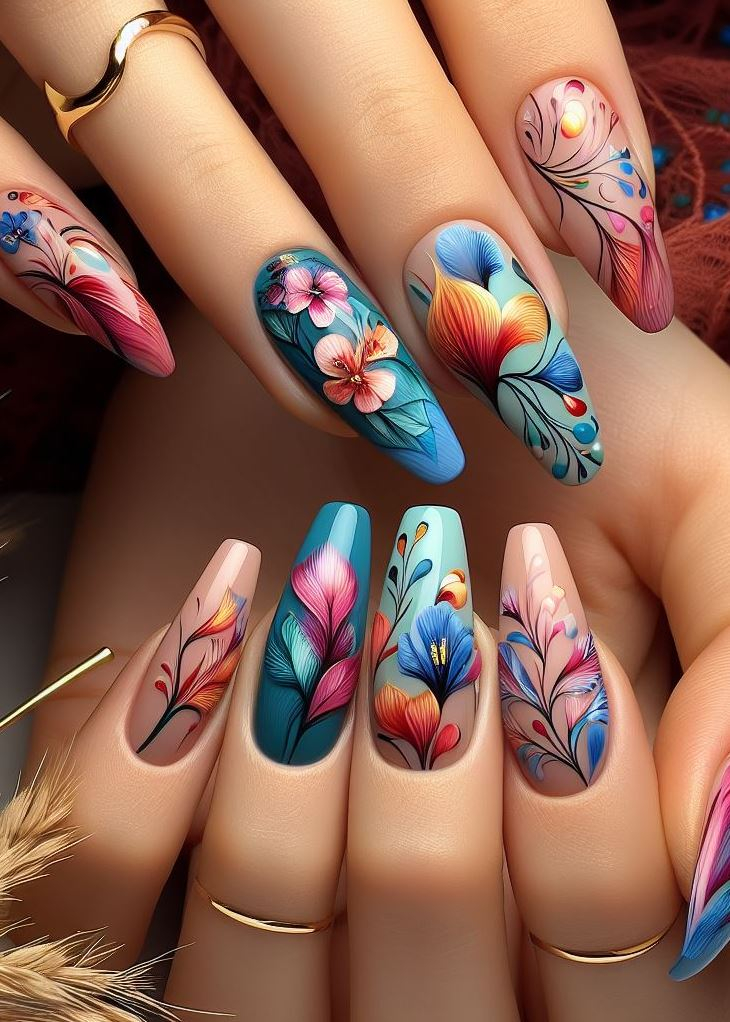 Abstract Nail Art: It's Not Just Random Splotches (We Promise!) | Pocoko Petal Poetry: Each nail tells a story—a haiku whispered by daisies, a sonnet sung by roses. Abstract florals meet whimsy, and suddenly, your fingertips are a canvas of verses. 🌹📜