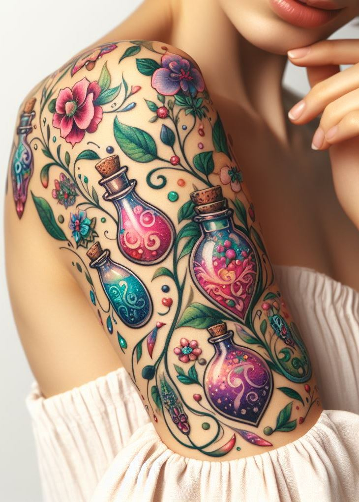 Blooming Resilience: Floral Elixir Tattoo for Overcoming Challenges: Celebrate your strength with a floral elixir tattoo. Delicate wildflowers emerging from a potion bottle represent resilience and the beauty found in overcoming challenges.