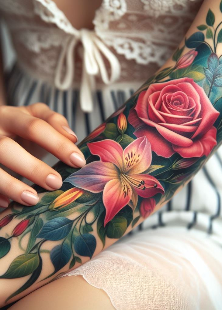 Petals and Nectar: Imagine a rosebud cradled by honeysuckle vines—the essence of June captured in ink. Roses symbolize beauty, while honeysuckle represents devotion. Wear this tattoo as a reminder that love, like intertwined blooms, thrives in connection and shared moments.