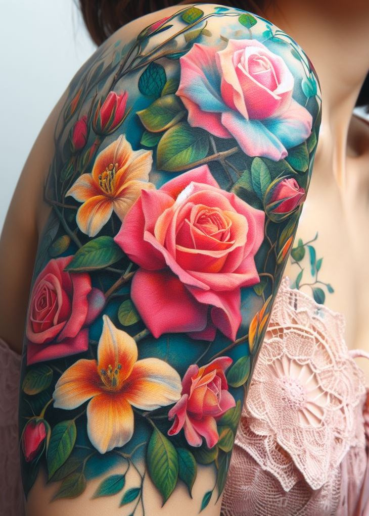Blossoms in Harmony: Picture a delicate rose entwined with the sweet tendrils of honeysuckle—a fusion of love and devotion. June’s birth flowers come together in this enchanting tattoo, symbolizing passion and kindness. Wear it proudly, and let your skin bloom with the magic of intertwined petals.