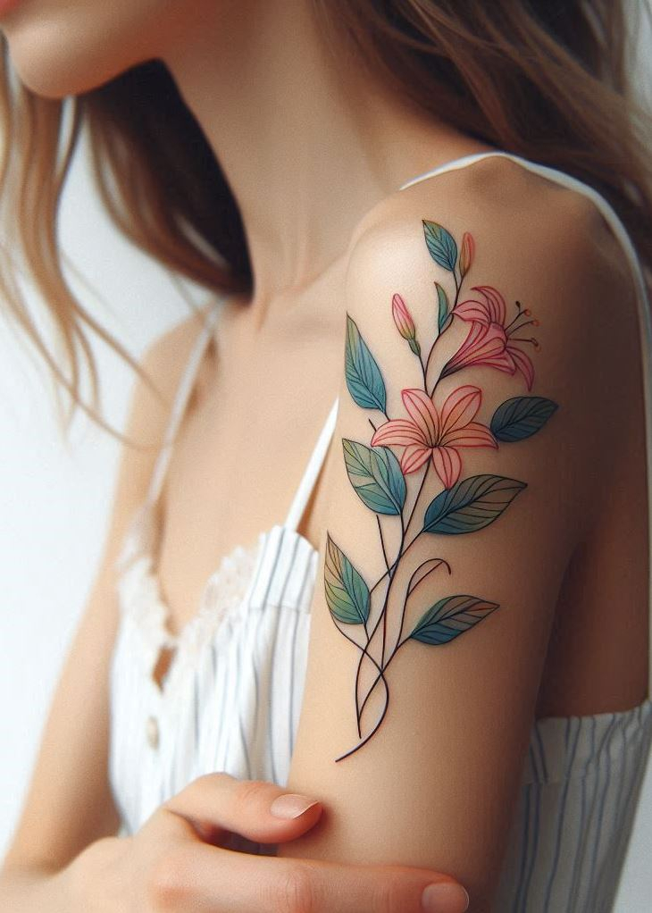 Whispers of Summer: A delicate honeysuckle blossom, inked with finesse, captures the essence of June. Minimalist yet meaningful, this tattoo symbolizes sweetness, old memories, and the fleeting warmth of sun-kissed days. Wear it like a secret whispered by nature itself.