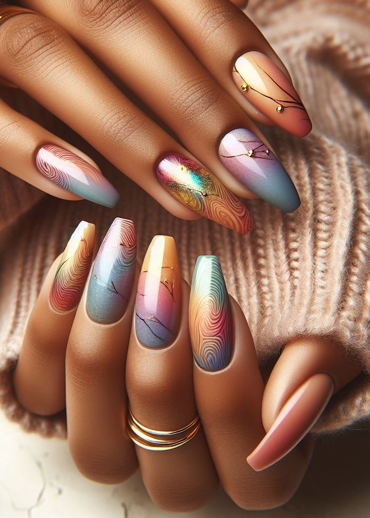 Abstract Nail Art: It's Not Just Random Splotches (We Promise!) | Pocoko Chroma Cascade: These gradient abstract nails are like sunsets dipped in stardust. Colors flow seamlessly, as if the universe itself is painting your fingertips. 🌈✨