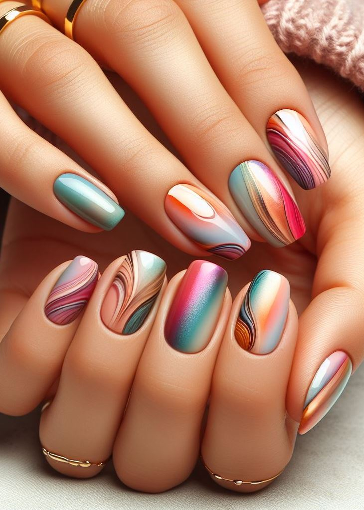 Abstract Nail Art: It's Not Just Random Splotches (We Promise!) | Pocoko Sorbet Mirage: Abstract gradients that taste like summer—lemon sorbet melting into raspberry. These nails are a sweet escape to warmer days. 🍧🌞