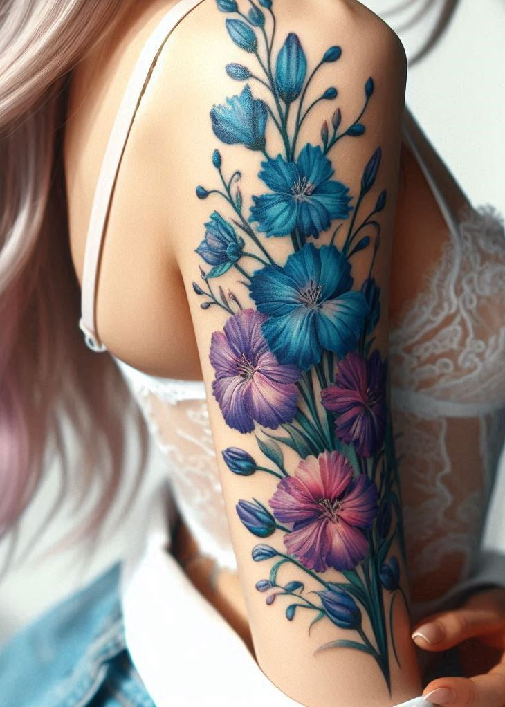 Larkspur Bouquet: Imagine a cluster of larkspur blooms, their delicate petals dancing in the summer breeze. July’s birth flower, the larkspur, symbolizes joy, new beginnings, and unending luck. Whether inked on your shoulder or ankle, this tattoo celebrates life’s beautiful twists and turns.