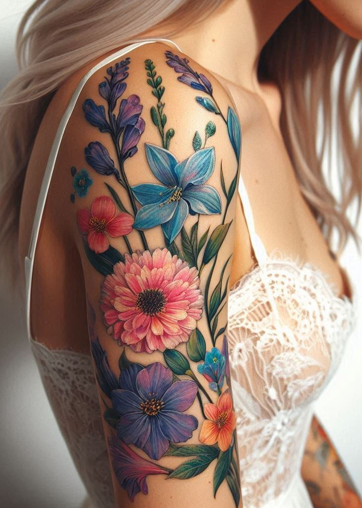 Larkspur Lily Fusion: Picture a delicate larkspur entwined with the ethereal petals of a water lily—a harmonious blend of July’s birth flowers. The larkspur symbolizes love and admiration, while the water lily represents enlightenment and purity. Wear this tattoo as a reminder that beauty thrives in unity.