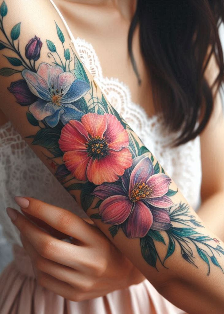 Dual Blooms, Singular Soul: Imagine a larkspur and water lily dancing together—a celebration of contrasts and shared existence. The larkspur’s vibrant hues meet the water lily’s serene grace. This tattoo embodies duality: passion and serenity, fire and water. Let it adorn your skin like a poetic ode to life’s intricate balance.