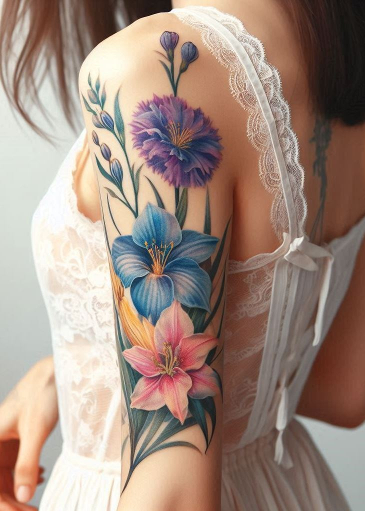 Blossoms United: July’s larkspur and water lily join forces in ink. Picture petals intertwining, a dance of elegance and resilience. Tattoo your skin with this harmonious blend of birth-flower magic.