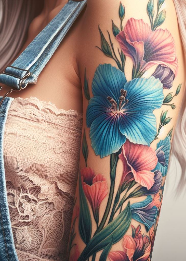 Ditch the boring blooms! This geometric larkspur tattoo is a modern take on the July birth flower. With its sharp lines and bold design, it's a reminder that you're a captivating mix of strength and elegance.