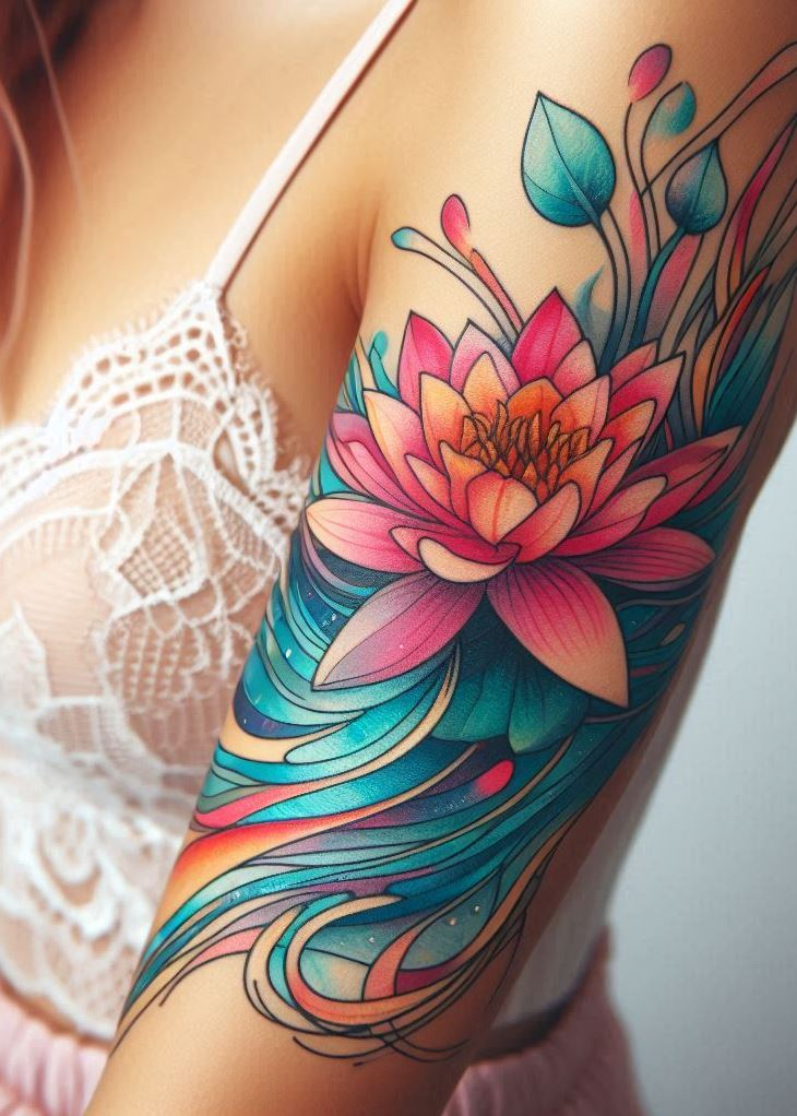 Elegance Blooms: July’s birth flower, the water lily, emerges from the mud to symbolize enlightenment and resurrection. Capture its delicate beauty with a water lily tattoo, where ripples of ink echo the serenity of still waters.