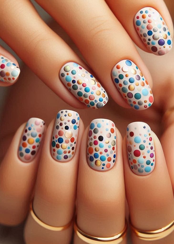 Abstract Nail Art: It's Not Just Random Splotches (We Promise!) | Pocoko Polka Dots Reimagined: Forget the classic polka dots—these nails are a pointillist revolution. Tiny specks of color dance across your nails, turning them into canvases of whimsy. 🌟🎈