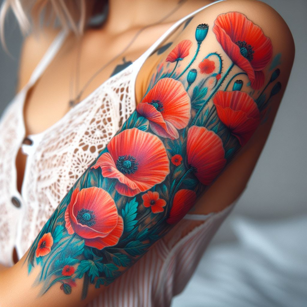 August babies, let your colors explode! This poppy field tattoo isn't just gorgeous, it's a symbol of eternal sleep... but wait! It also means embracing life's fleeting beauty. Live it up like these bold blooms before they fade, you vibrant firecracker.