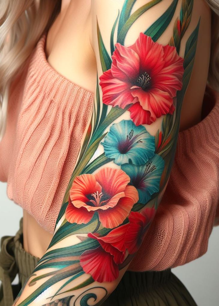 Blossoms United: August’s gladiolus and poppy intertwine like a harmonious duet. Picture petals dancing, a celebration of strength and resilience. Tattoo your skin with this floral blend, and let its vibrant hues bloom into an exquisite masterpiece.