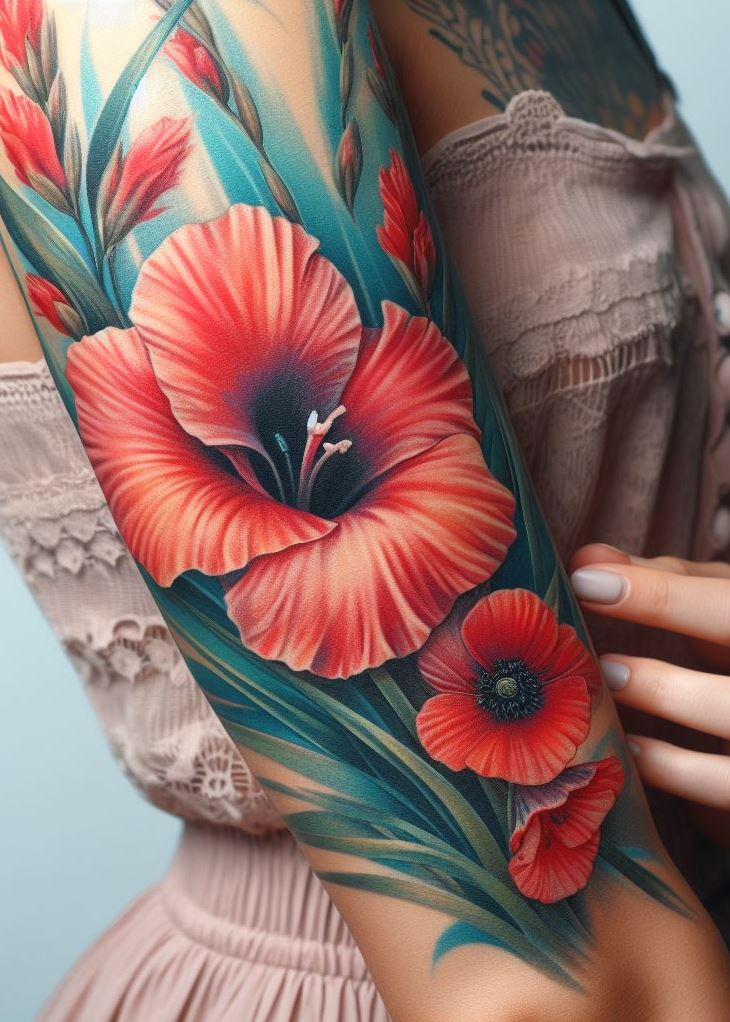 Ink the Seasons: August’s gladiolus and poppy come together in ink, a symphony of fiery reds and delicate petals. Let this tattoo tell tales of passion and transformation, where blooms defy the odds and flourish.