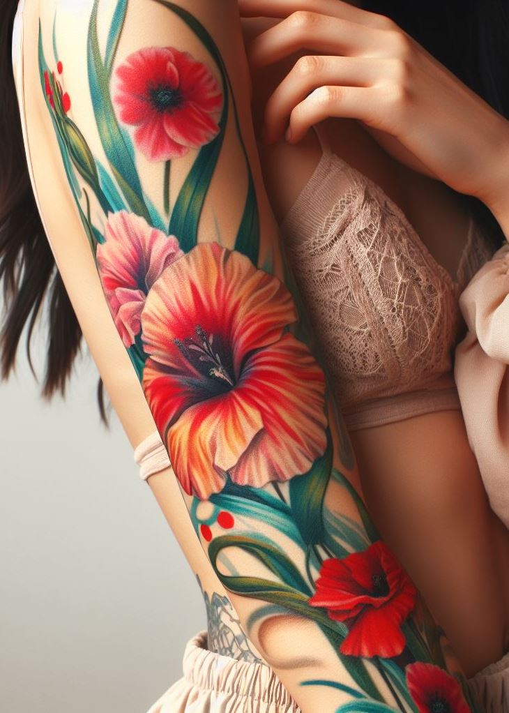 Petals of Valor: The gladiolus pierces the heart with love, while the poppy whispers secrets of oblivion and sleep. Ink your skin with this August birth-flower mix, and wear courage and mystery as your living canvas.