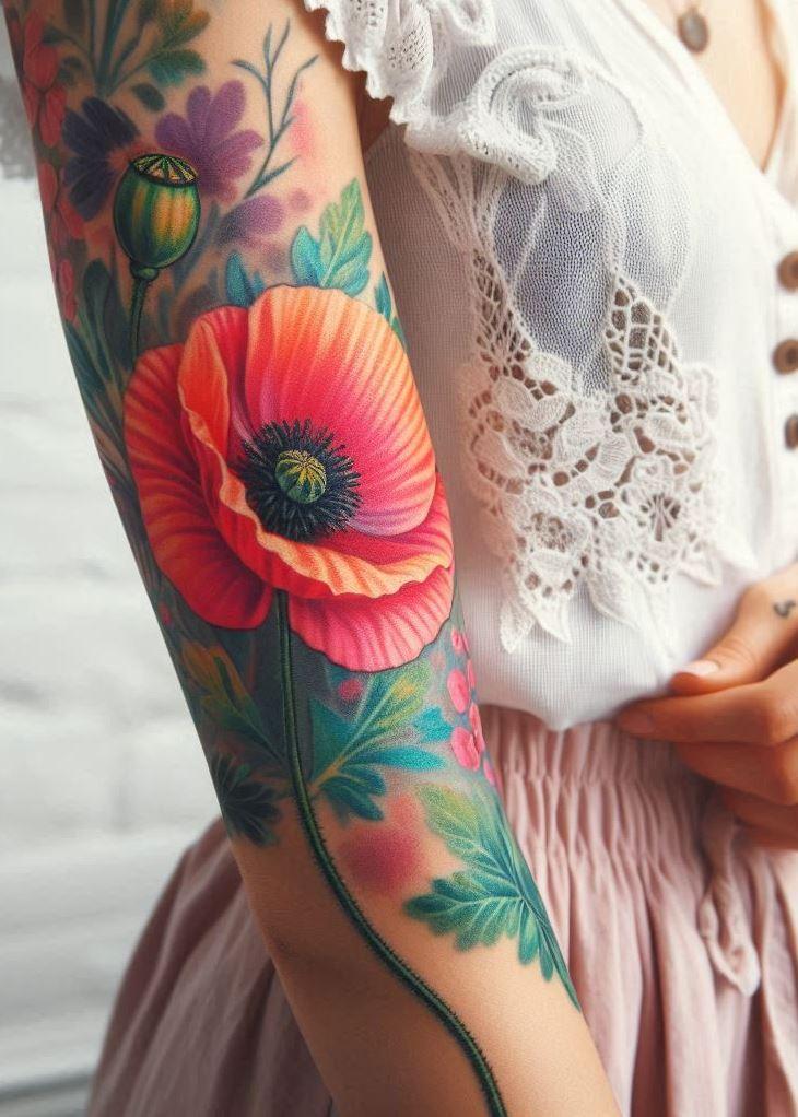 Don't be a wallflower! This single poppy tattoo with a delicate stem is a timeless design for the August birthday girl. It represents eternal sleep, sure, but also peaceful dreams and a restless spirit. You may find beauty in quiet moments, but you're no wallflower.