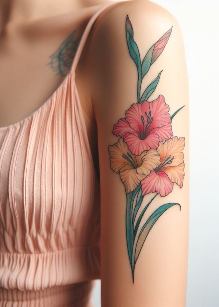 Collarbone Whispers: Picture a bright gladiolus gracing your collarbone—a whisper of beauty and integrity. This minimalist design celebrates August birthdays with subtlety. No frills, just petals and purpose.