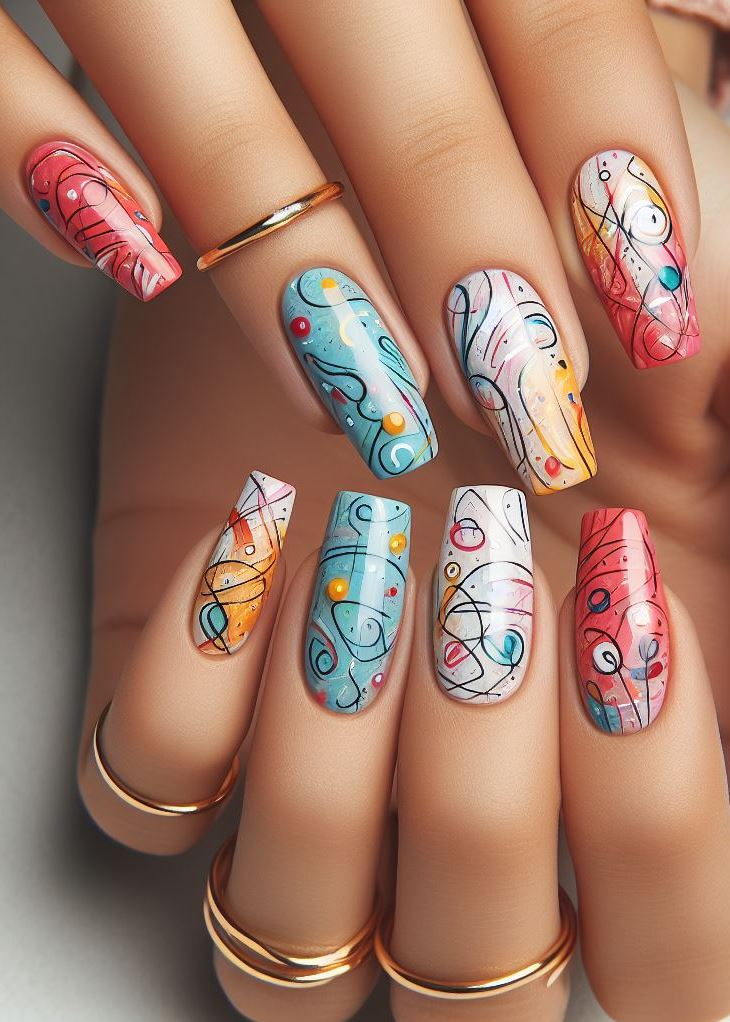 Abstract Nail Art: It's Not Just Random Splotches (We Promise!) | Pocoko Ditch the Lines, Embrace the Squiggles: Scribble Art Nails Unleash your inner doodler with Scribble Art Nails! Forget neat lines and perfect patterns. Embrace the messy magic of squiggles, swirls, and playful lines in contrasting colors. It's like having a mini abstract artwork on each fingertip, proving imperfection can be oh-so chic.