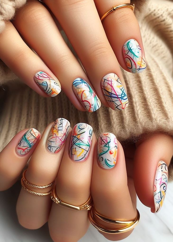 Abstract Nail Art: It's Not Just Random Splotches (We Promise!) | Pocoko Hidden Message Mania: Scribble Art Nails with a Secret Feeling cryptic? Use Scribble Art Nails to hide a secret message! Write tiny words or initials in a contrasting color amongst the playful squiggles. It's a fun way to add a personal touch and spark curiosity in those who get a close look at your fingertips.