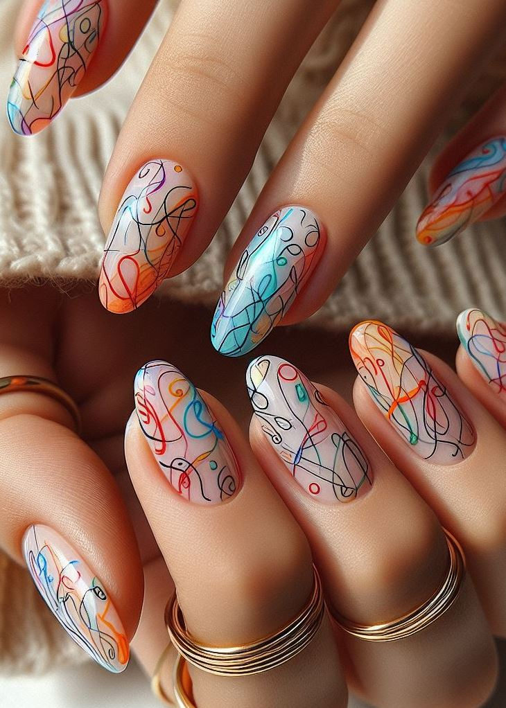 Abstract Nail Art: It's Not Just Random Splotches (We Promise!) | Pocoko Scribble Art Nails with a Colorful Burst Feeling like your nails need a burst of joy? Unleash the rainbow with Scribble Art Nails! Use a white base coat as your canvas and then let loose with a vibrant explosion of colorful squiggles and lines. It's a fun and playful way to embrace the entire color spectrum on your fingertips.
