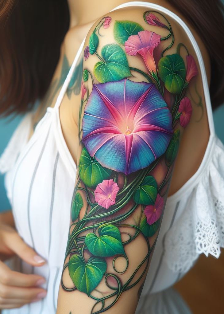 Embrace the fleeting beauty of life with a watercolor morning glory vine tattoo. These soft blooms symbolize new chapters and cherished memories. Plus, they look stunning wrapped around your ankle or wrist, like a blooming reminder to savor every moment.