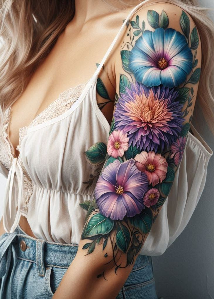 Eternal Petals: Asters and morning glories—two souls entwined in ink. The aster, symbolizing wisdom, stands tall alongside the morning glory, whispering tales of love and remembrance. This mix of blooms, delicate and bold, graces your skin like a timeless ode to September.