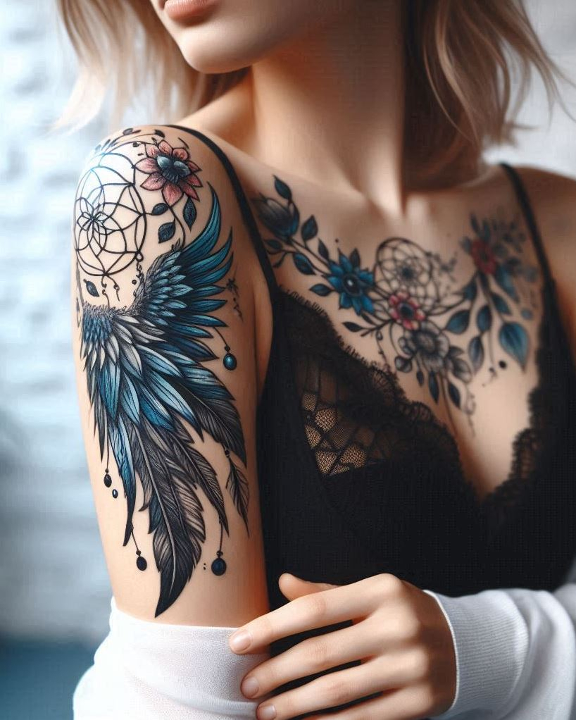 Angel Tattoos: Heavenly Inspiration for Your Next Ink | Pocoko Divine Protection: A majestic Dream-catcher and Angel wings Tattoo across your arm, symbolizing a guardian angel watching over you.