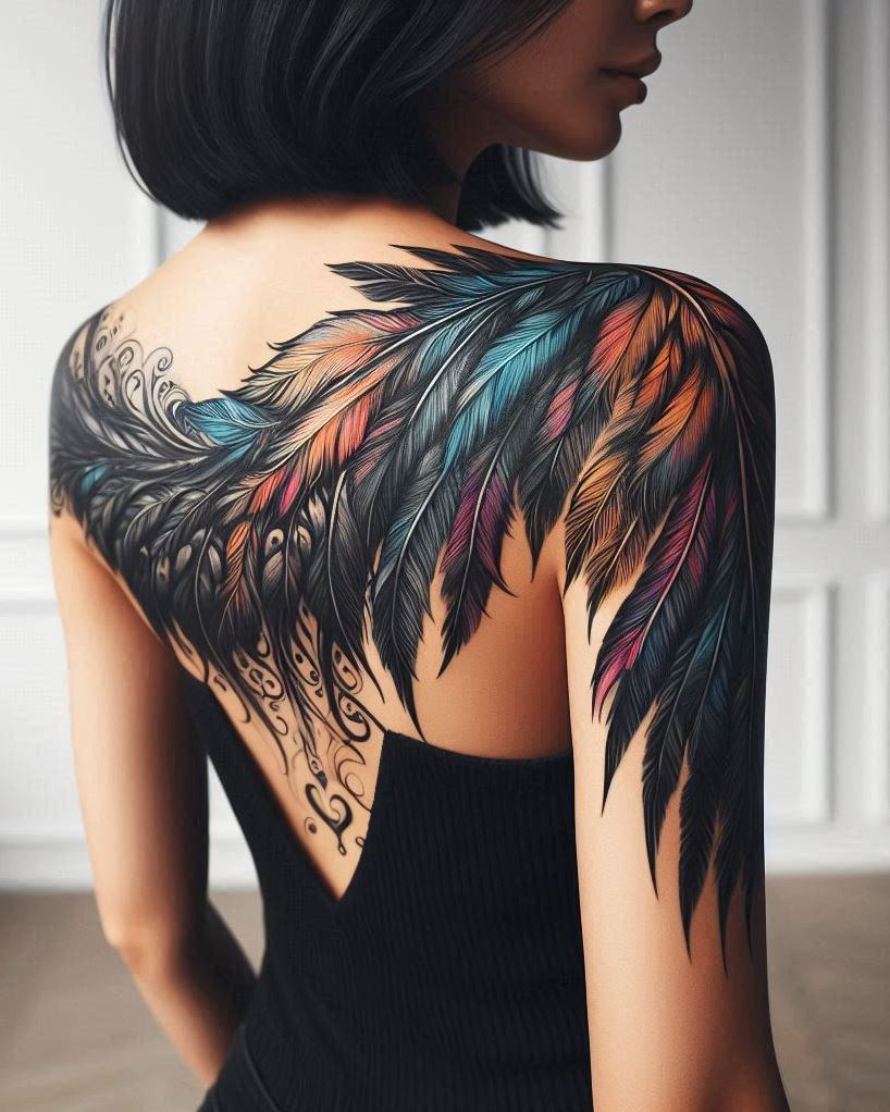 Angel Tattoos: Heavenly Inspiration for Your Next Ink | Pocoko Celestial Embrace: Embrace your spiritual side with a large angel wing tattoo on your arm. The flowing feathers represent a connection to the heavens, a sense of belonging, and spiritual awakening.