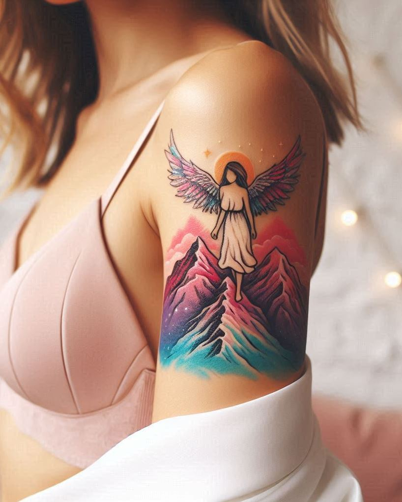 Angel Tattoos: Heavenly Inspiration for Your Next Ink | Pocoko Soaring Above: Angel with Mountainscape Tattoo: Capture the feeling of limitless potential with a majestic angel soaring over a mountain landscape on your arm. The detailed feathers and vast scenery symbolize freedom, spiritual connection, and conquering your greatest challenges.