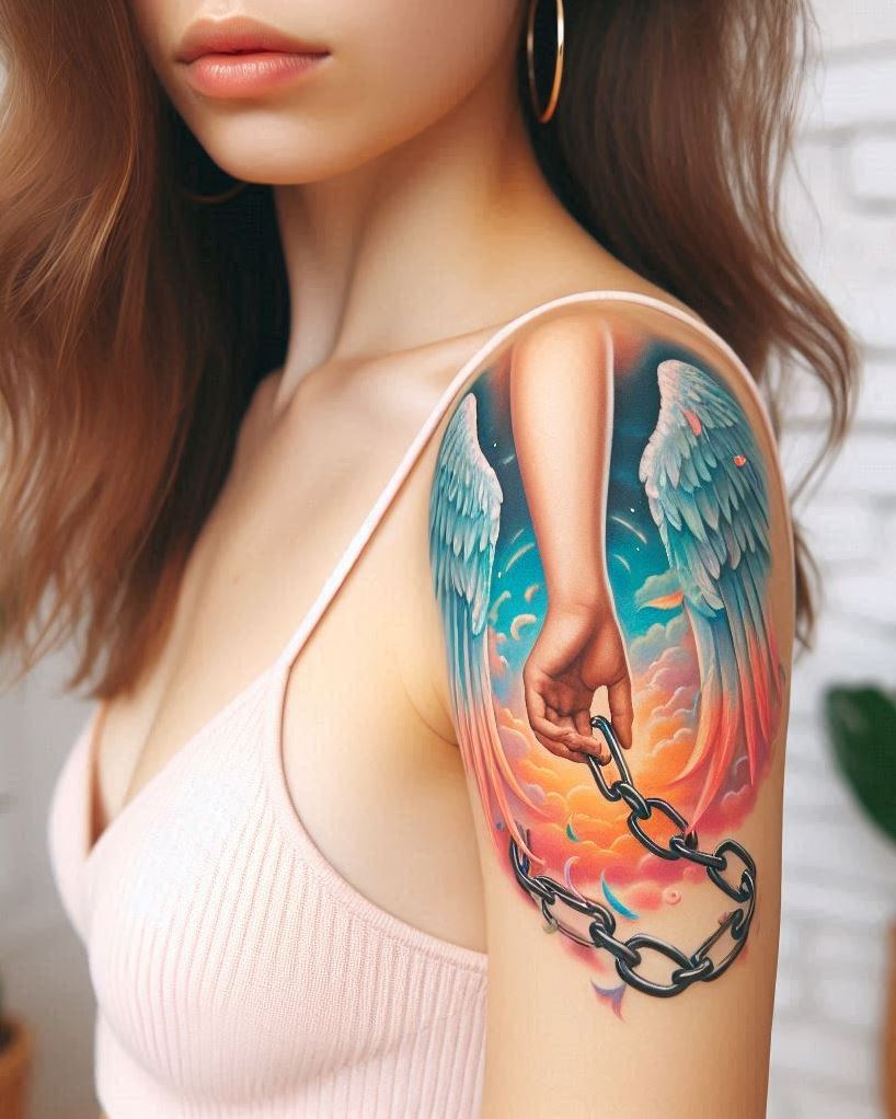 Angel Tattoos: Heavenly Inspiration for Your Next Ink | Pocoko Breaking Free: Beautiful Angel Wings with Shattered Chains Tattoo Embrace the journey of overcoming limitations with a powerful tattoo of beautiful angel wings breaking free from shattered chains on your arm. The detailed feathers symbolize freedom and spiritual connection, while the broken chains represent casting off burdens, overcoming past struggles, and the potential for transformation. This design embodies the strength found in personal growth and liberation.