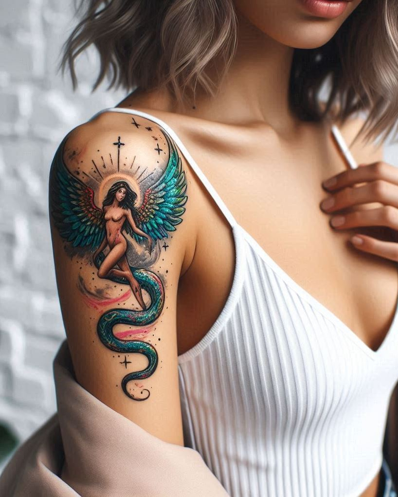 Angel Tattoos: Heavenly Inspiration for Your Next Ink | Pocoko Duality & Transformation: Angel & Serpent Tattoo: Embrace the balance within with a majestic angel soaring above a coiled serpent on your arm. The detailed angel wings represent divine connection, while the serpent symbolizes transformation, rebirth, and facing your inner demons