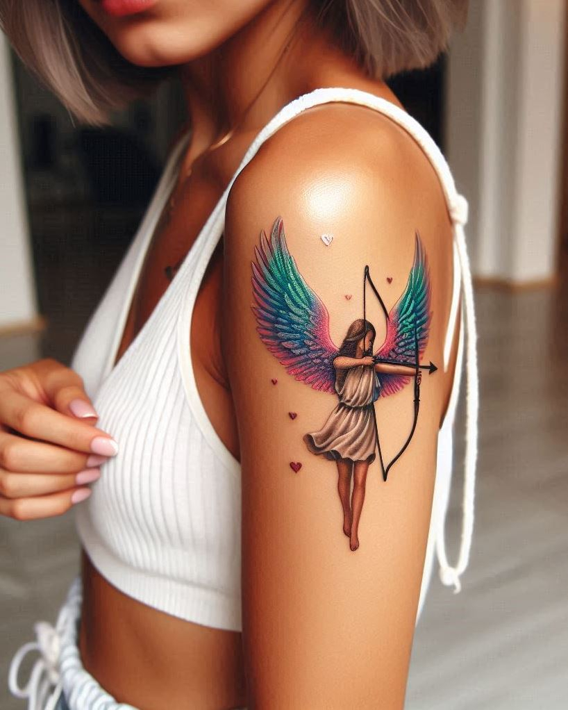 Angel Tattoos: Heavenly Inspiration for Your Next Ink | Pocoko Celestial Marksman: Angel with a Flaming Arrow Tattoo: Depict unwavering focus and divine purpose with a beautiful angel drawing a flaming arrow on your arm. The detailed wings symbolize spiritual connection, while the flaming arrow represents unwavering focus, the pursuit of a righteous cause, and the power to manifest one's will.