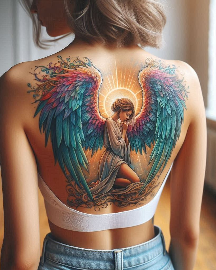 Angel Tattoos: Heavenly Inspiration for Your Next Ink | Pocoko Express your deep reverence and connection to a higher power with a breathtaking tattoo of a beautiful angel kneeling in prayer, bathed in the warm glow of the rising sun, on your back. The detailed wings symbolize humility and devotion, while the sun represents the source of all life, light, and hope. This design embodies a deep faith and a grateful heart turned towards the divine.