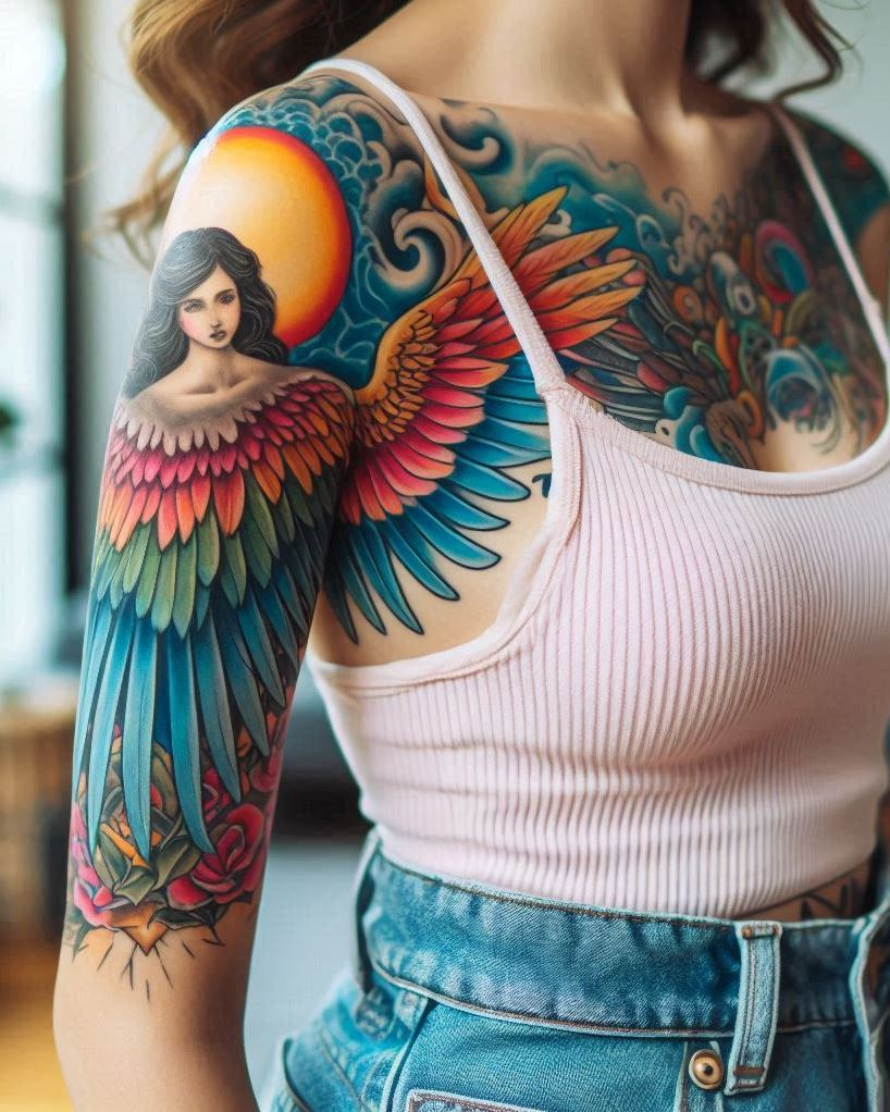 Angel Tattoos: Heavenly Inspiration for Your Next Ink | Pocoko Embrace your spiritual yearning and connection to a higher power with a breathtaking tattoo of a beautiful angel kneeling in prayer, bathed in the warm glow of the rising sun, on your back. The detailed wings symbolize a messenger from the heavens, while the prayerful pose and radiant sun represent seeking guidance, hope, and renewal from the divine source of light and life.