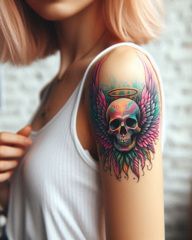 Angel Tattoos: Heavenly Inspiration for Your Next Ink | Pocoko Embrace the beautiful paradox of life and death with a captivating tattoo of majestic angel wings intertwined with a weathered skull on your arm. The detailed feathers symbolize the potential for ascension and the spiritual realm, while the skull represents mortality and the impermanence of life. This design embodies the cycle of existence, reminding us to cherish each moment while acknowledging our inevitable end.