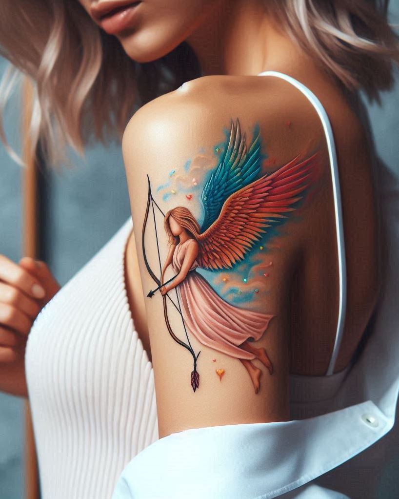 Angel Tattoos: Heavenly Inspiration for Your Next Ink | Pocoko Guardian of Innocence: Angel with a Flower Arrow Tattoo: Showcase a protector of purity and compassion with a beautiful angel holding an arrow tipped with a delicate flower on your arm. The flowing wings symbolize guardianship, while the floral arrow represents defending innocence, protecting the vulnerable, and using strength for good.