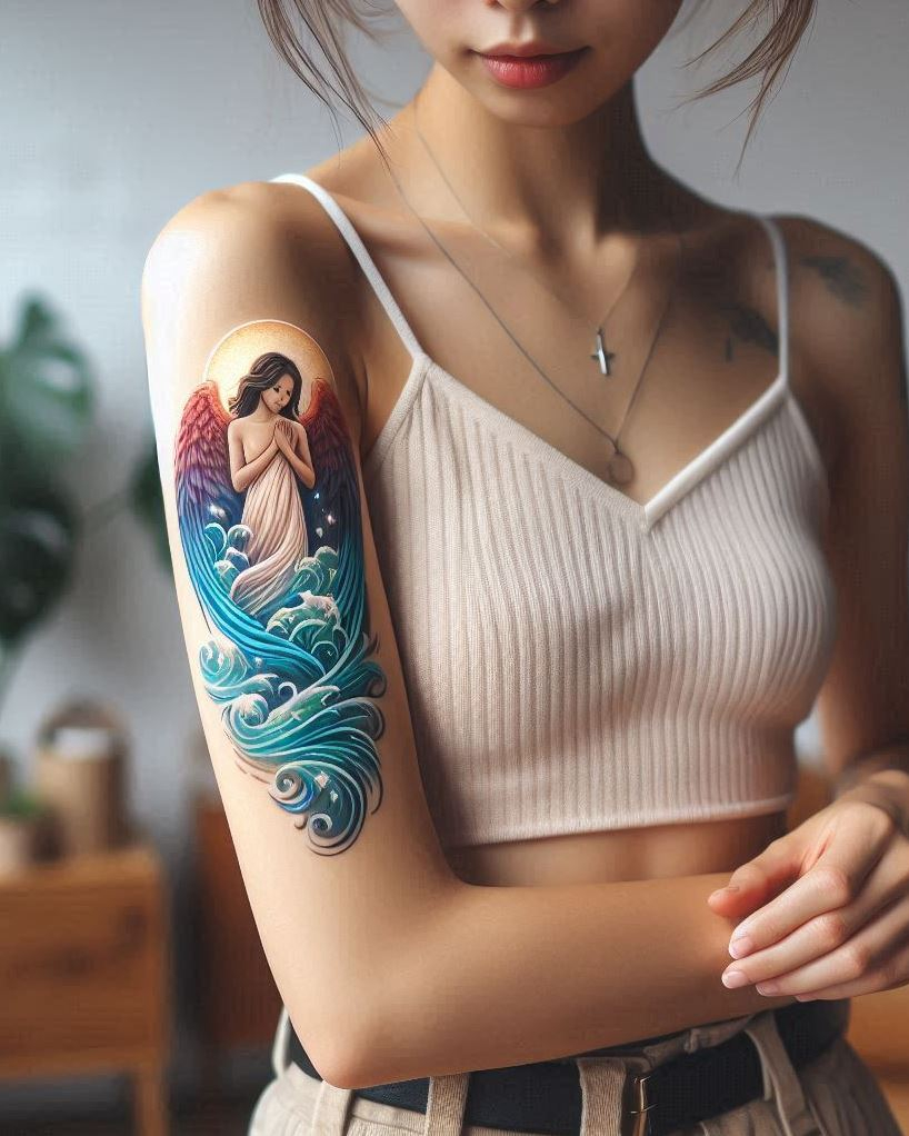Angel Tattoos: Heavenly Inspiration for Your Next Ink | Pocoko Whispers of Serenity: Angel Calming the Waves Tattoo: Depict a sense of peace amidst chaos with a serene angel hovering above calming waves on your arm. The flowing feathers symbolize tranquility, while the subsiding waves represent finding inner peace even in the midst of life's storms.