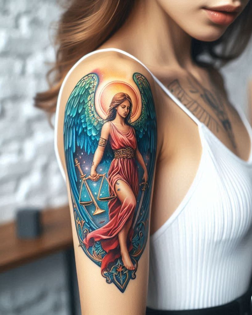 Angel Tattoos: Heavenly Inspiration for Your Next Ink | Pocoko Celestial Defender: Angel with Glowing Sword Tattoo: Depict a powerful protector with a majestic angel wielding a glowing sword on your arm. The detailed wings symbolize unwavering faith, while the radiant blade represents defending what's right, fighting for justice, and the courage to face challenges head-on.