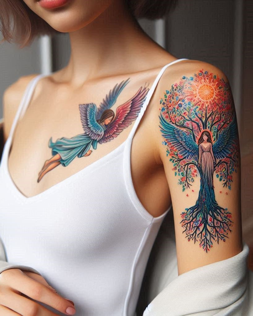Angel Tattoos: Heavenly Inspiration for Your Next Ink | Pocoko Celestial Orchard: Angel with a Blossoming Tree Tattoo: Embrace the promise of renewal and divine favor with a beautiful angel standing beside a vibrant, blossoming tree on your arm. The detailed wings symbolize a messenger of hope, while the flourishing tree represents spiritual growth, bearing fruit from your connection to the divine.