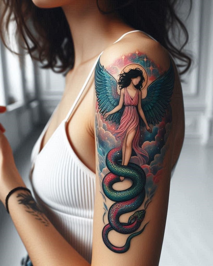 Angel Tattoos: Heavenly Inspiration for Your Next Ink | Pocoko Victory of Light: Angel Vanquishing Serpent Tattoo: Depict your triumph over challenges with a powerful angel battling a serpent on your arm. The flowing feathers and dynamic pose represent conquering darkness with faith, overcoming adversity, and emerging stronger.