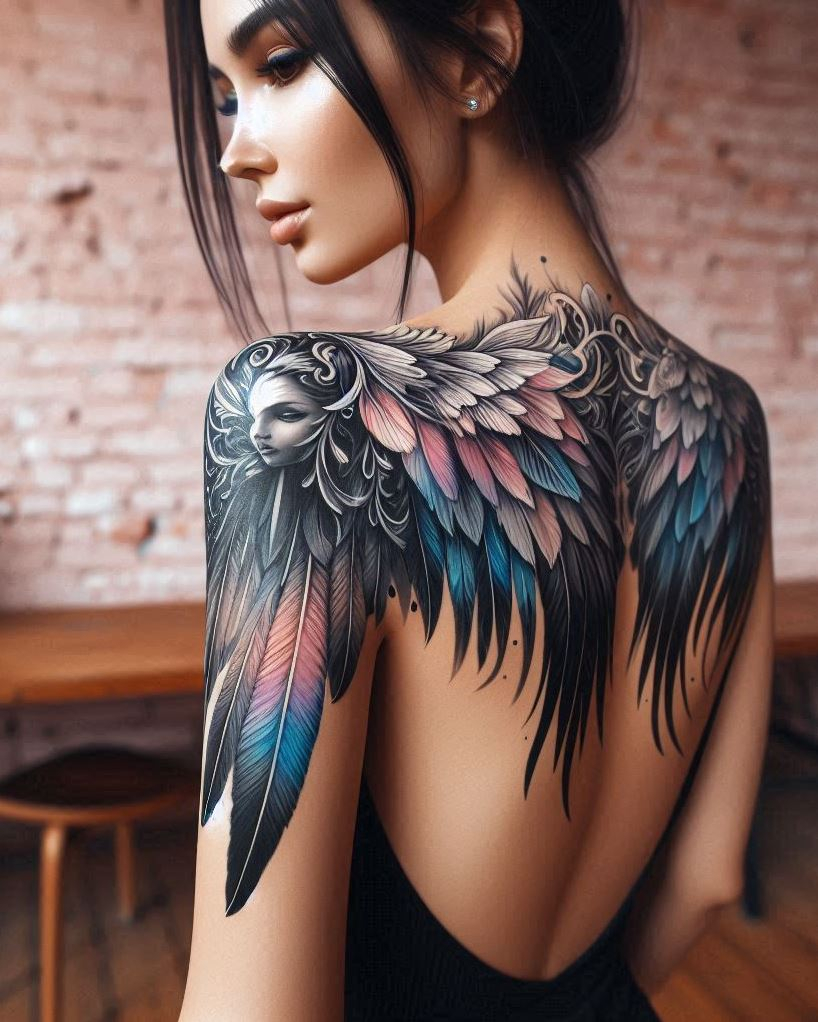 Angel Tattoos: Heavenly Inspiration for Your Next Ink | Pocoko Warrior's Spirit: Strength and Unwavering Faith: Express your inner strength and unwavering faith with a bold tattoo of majestic angel wings outstretched on your back. The detailed feathers, with a hint of weathered texture, symbolize courage, resilience, and the unwavering faith that carries you through life's battles.