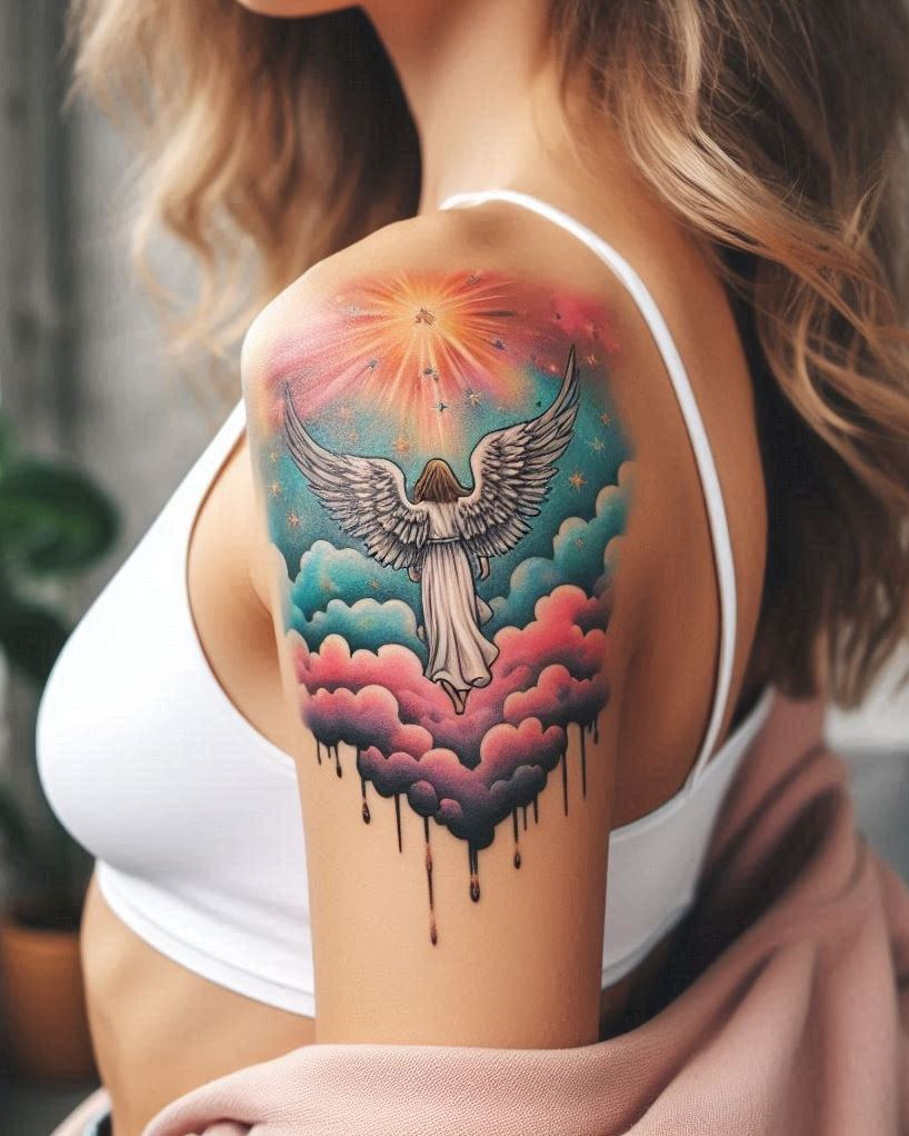 Angel Tattoos: Heavenly Inspiration for Your Next Ink | Pocoko Lost in the Clouds: Delicate Angel Tattoo with Misty Mountains: Capture a sense of mystery with a subtle angel shrouded in a veil of clouds on your arm. The soft feathers and ethereal scene symbolize a connection to the unknown, introspection, and the beauty found in quiet contemplation.
