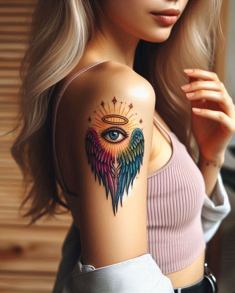 Angel Tattoos: Heavenly Inspiration for Your Next Ink | Pocoko Divine Watchfulness: Angel Wings and All-Seeing Eye Tattoo (Arm Placement) Embrace the feeling of being under divine guidance with a captivating tattoo of majestic angel wings cradling an all-seeing eye on your arm. The detailed feathers symbolize a connection to the heavens and a guardian angel watching over you, while the all-seeing eye represents wisdom, protection, and the feeling of being constantly guided on your path. This design embodies both the nurturing embrace of an angel and the unwavering awareness of a higher power.