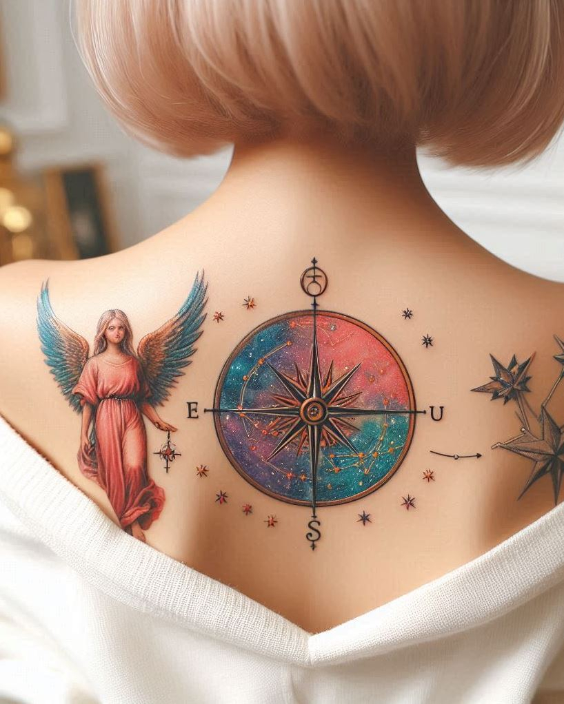 Angel Tattoos: Heavenly Inspiration for Your Next Ink | Pocoko Guardian of Crossroads: Angel with Two Intertwined Compasses Tattoo: Embrace the choices you make with a captivating angel holding two intertwined compasses on your arm. The detailed wings symbolize the angel's watchful gaze, while the compasses represent the many paths life offers and the inner strength to navigate them with wisdom.